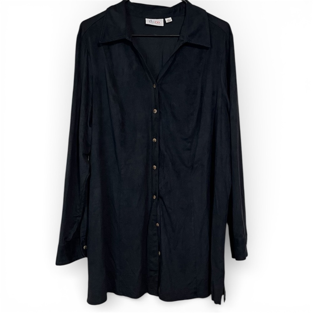 d&co Black Faux Suede Button-Up Shirt 2XL